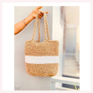 Handwoven Dual-Tone Natural Raffia Tote Bag with White Accent Stripe – Eco-Friendly Summer Shoulder Bag for Women