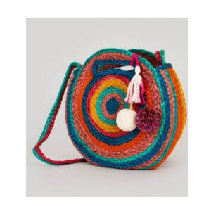 Bohemian Rainbow Spiral Round Crossbody Bag – Handwoven Eco-Friendly Jute Sling Bag with Tassels for Women