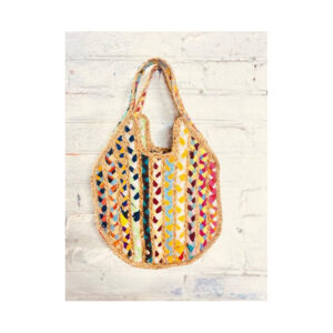 Handcrafted Multicolor Ribbon Weave Jute Shoulder Bag – Eco-Friendly Boho Market Tote with Wavy Silhouette