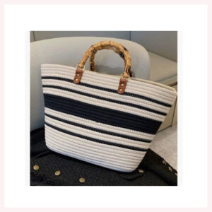 Black & White Striped Canvas Tote with Bamboo Handles