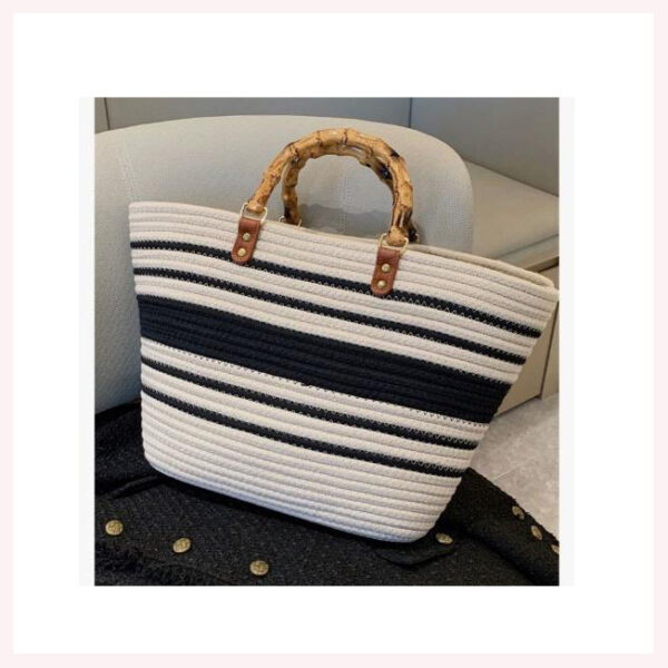 Black & White Striped Canvas Tote with Bamboo Handles