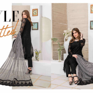 Black Embroidered Luxe Suit with Striped Dupatta