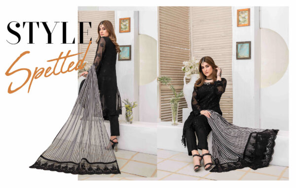 Black Embroidered Luxe Suit with Striped Dupatta