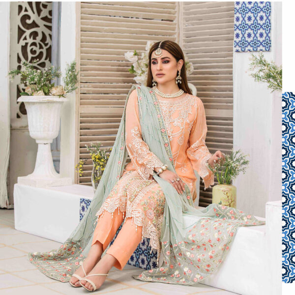 Peach Embroidered Chiffon Suit with Pistachio Net Dupatta