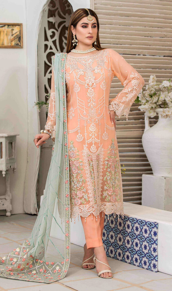 Peach Embroidered Chiffon Suit with Pistachio Net Dupatta - Image 2