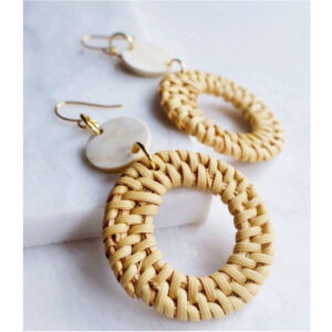 Natural Woven Rattan Hoop Earrings with Shell Stud Accent
