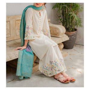 Cream Floral Embroidered Suit with Teal Dupatta
